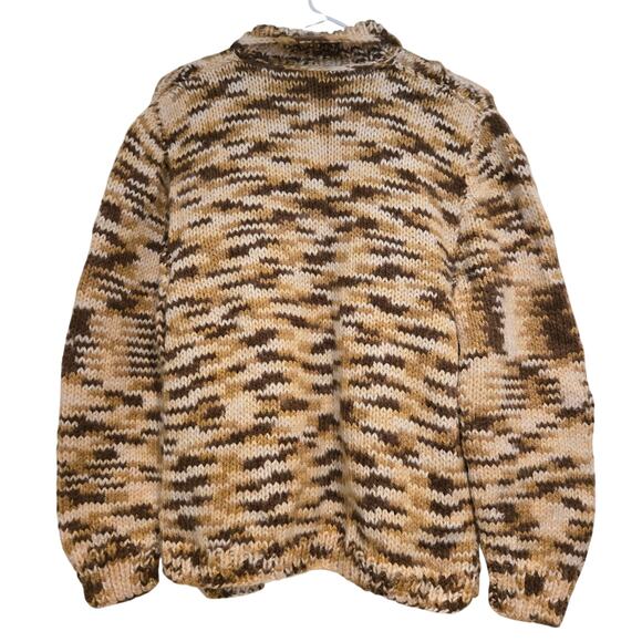 Vintage Hand Knit Cable Stitch Space Dyed Collared Cardigan Brown Camel Cream - Picture 2 of 8